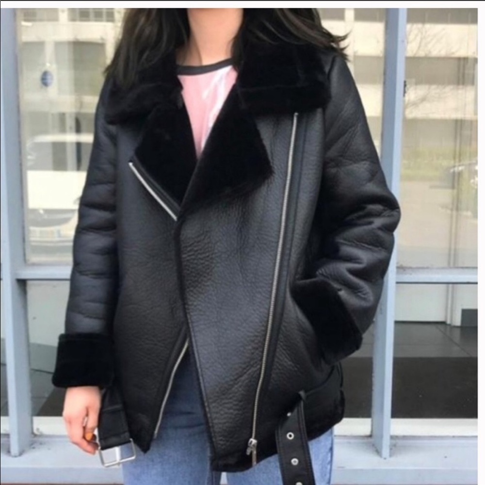 Zara Faux Fur Leather Shearling Jacket Coat Biker